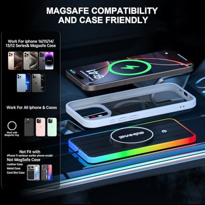 Magnetic Wireless Car Charger Pad, Aubenai 15W RGB Fast Wireless Charging Pad Non Slip Charging Mat with 70cm Extension Cable Compatible with Magsafe Charger iPhone 16 15 14 13 12 (Extension USB-C) - color: Black-Extension USB-C
