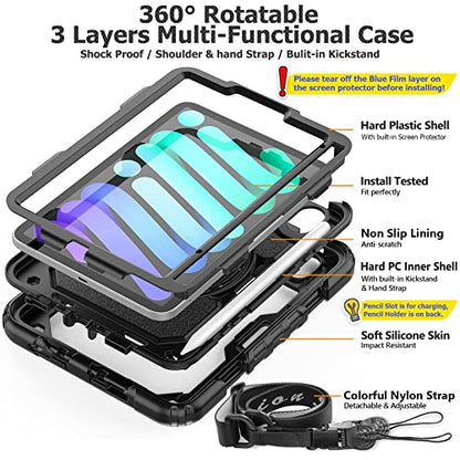 SEYMAC stock Case for iPad mini 7 (A17 Pro) 2024/ Mini 6 8.3'' with Screen Protector Pencil Holder [360 Rotating Hand Strap] &Stand, Drop-Proof Case for iPad mini 7th/6th Generation 8.3", Black - color: Black