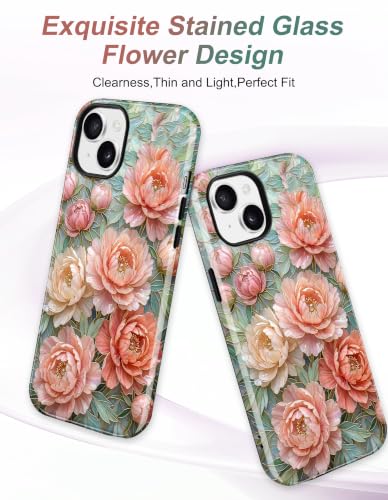 Magnetic Flower Phone Case for iPhone 15, Pink Peony | Compatible with MagSafe, Cute Stained Glass Floral Aesthetic Design, TPU and PC Protective Shockproof Cover - color: Pink Peony