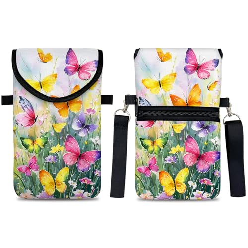 Neoprene Cell Phone Sleeve Pouch Case Bag with Crossbody Strap Neck Lanyard for Women 7.5 X 4.3 in Flower Butterfly - color: Flower Butterfly 1