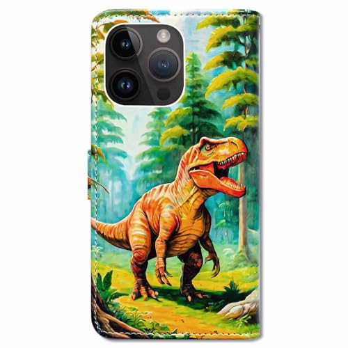 RFID Safe Case for iPhone 15 Pro Max,RFID Blocking,Tyrannosaurus Dinosaur Leather Flip Phone Case Wallet Cover with Card Slot Holder Kickstand for iPhone 15 Pro Max - color: Tyrannosaurus Dinosaur