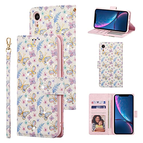 UEEBAI Wallet Case for iPhone XR, PU Leather Phone Wallet Kickstand RFID Blocking Flip Case Card Slots Wrist Strap Relief Engraved Pattern Magnetic Closure Flower Folio Cover, Butterfly - color: Butterfly