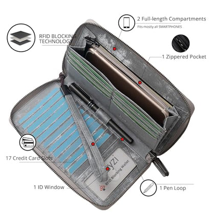 Bveyzi Women RFID Blocking Wallet Leather Zip Around Phone Clutch Large Capacity Ladies Travel Purse Wristlet - color: Frosted Gray