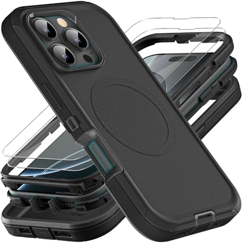 YKHJKLEC for iPhone 16 Pro Case, Compatible with Magsafe, Military Grade 3 in 1 Heavy Duty Shockproof/Drop Proof/Dust Proof Case with 2Pcs Tempered Glass Screen Protector (New-Black/Black) - color: New-Black/Black