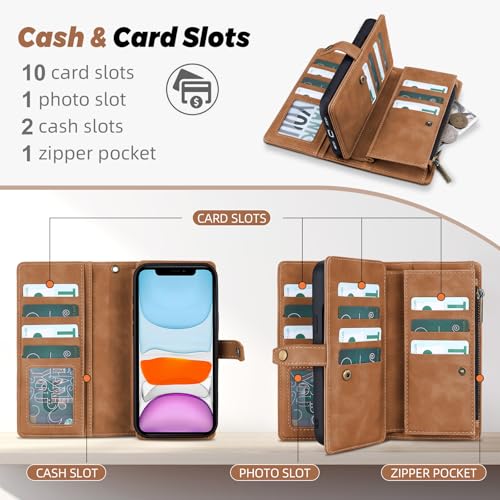 TwoHead for iPhone 11 Wallet case with 11 Card Holder (Brown) | Detachable Magnetic Phone Case, PU Leather Wallet for Women/Men,Wireless Charging Compatible,with Wrist Strap - color: Brown