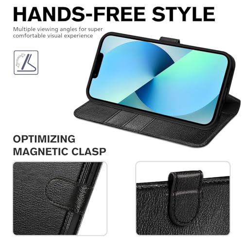 TUCCH Wallet Case for iPhone 13 (6.1") 2021, Flip Stand, Textured Black | RFID Blocking, 3 Card Holders, Kickstand, PU Leather, Shockproof TPU Shell, Magnetic Closure, Protective Folio Cover - color: Black - Textured