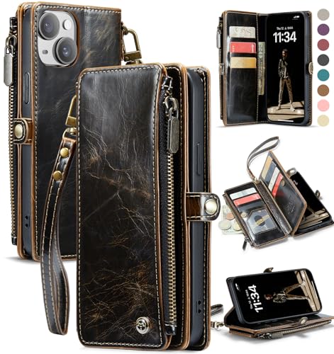 Defencase for iPhone 14 Plus Wallet Case with RFID Card Holder, Coffee | Durable Soft PU Leather, with Zipper Pocket, Wrist Strap, Fashion Snap Flip Phone Cases Cover with Stand for Women and Men - color: Coffee