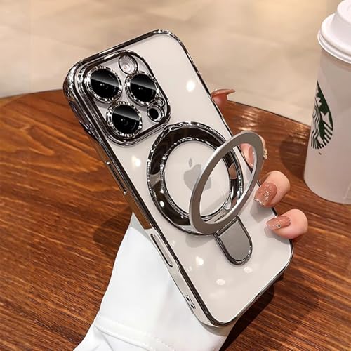 Mag-Stand Designed for iPhone 16 Pro Max Case Clear Supports Wireless Charging 16 Pro Max Case Camera Protector Invisible Stand Ring Luxury Plating Soft TPU Shockproof Phone Cover 6.9",Silver - color: Silver, size: For iPhone 16 Pro Max 6.9"