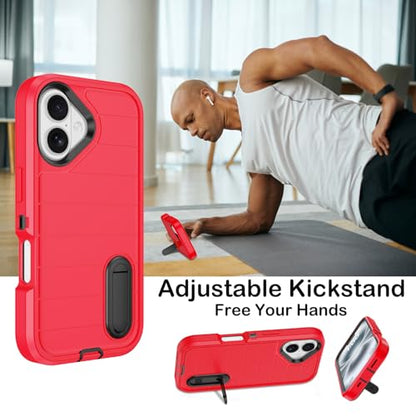 for iPhone 16 Case with Screen Protector, Heavy Duty Shockproof Drop Protection Military Grade Tri-Layer Full Covered Rugged Durable Cell Phone Cover with Built-in Invisible Kickstand 6.1“ (Red) - color: Red