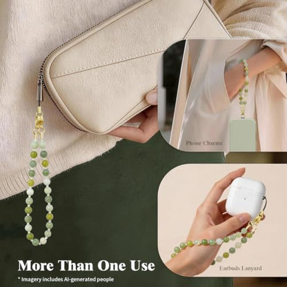 SURPHY Natural Stone Phone Charm, Beaded Phone Wrist Strap with Tether Tab - color: Serpentine Jade