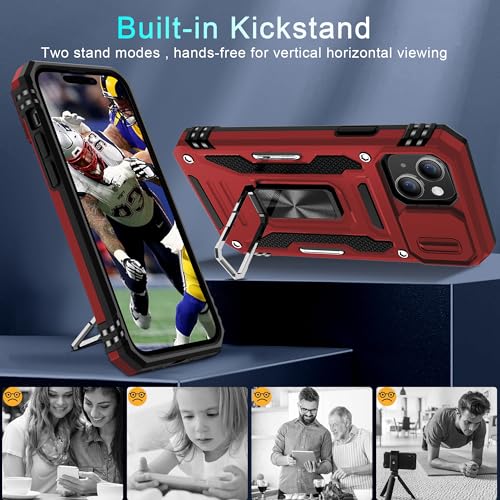 DEERLAMN Case for iPhone 15 with Slide Camera Cover + Screen Protector (2 Packs), Rotated Ring Kickstand Military Grade Shockproof Protective Cover-Red - color: Red