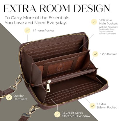 BULL GUARD Crossbody Bag for Women, Leather Phone Wallet Purse with Adjustable Anti Theft Strap & RFID Blocking 12 Card Slots - color: Xtraroom in Dark Brown Goddess Delight
