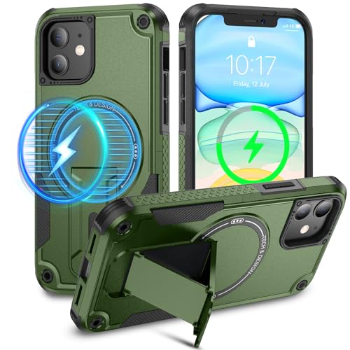 Caka for iPhone 11 Case, iPhone 11 Phone Case with Stand Green | Compatible with MagSafe, Built-in Hidden Kickstand, Solid Protective Dual-layer TPU+PC Shockproof Magnetic Phone Cover - color: Green