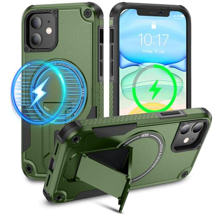 Caka for iPhone 11 Case, iPhone 11 Phone Case with Stand Green | Compatible with MagSafe, Built-in Hidden Kickstand, Solid Protective Dual-layer TPU+PC Shockproof Magnetic Phone Cover - color: Green