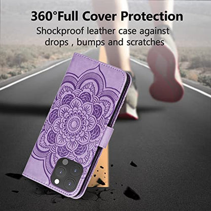 EYZUTAK Case for iPhone 13 Pro, Premium PU Leather Magnetic Flip Wallet Case with Card Holder Cash Slot Lanyard Strap Kickstand Function Embossed Mandala Flower Pattern Shockproof Cover - Purple - color: Purple, size: iPhone 13 Pro