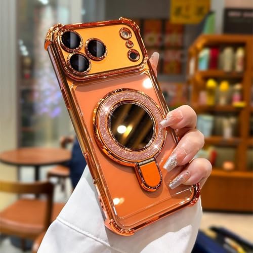 Magnetic Case for iPhone 17 Pro Max Clear with Shiny Invisible Kickstand Ring Makeup Mirror Luxury Plating Soft TPU Four Corners Air Cushion Shockproof Protective Phone Cover 6.9", Orange - color: Orange, size: For iPhone 17 Pro Max 6.9"
