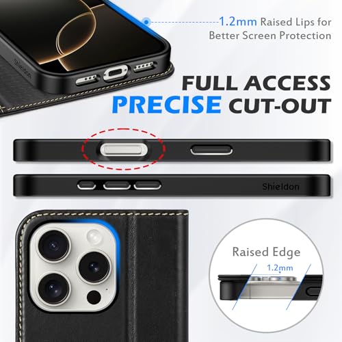 SHIELDON Real Leather Case Wallet for iPhone 16 Pro 6.3" 2024, Retro Black | Flip Magnetic Cover, RFID Blocking, Credit Card Slot, Kickstand, Book Design, Soft Shockproof Phone Shell - color: Retro Black