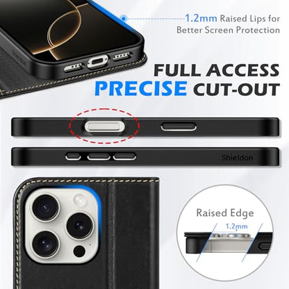 SHIELDON Real Leather Case Wallet for iPhone 16 Pro 6.3" 2024, Retro Black | Flip Magnetic Cover, RFID Blocking, Credit Card Slot, Kickstand, Book Design, Soft Shockproof Phone Shell - color: Retro Black