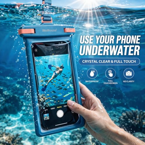 wellhouse 3D Waterproof Phone Pouch with Lanyard,Premium TPU100FT Deep Waterproof Phone Case for iPhone 17 16 15 14 13 12 Pro Max XS Samsung,Snorkeling, Surfing, Kayaking,Skiing,Hot Springs - color: 1 Pack - Blue7.0"