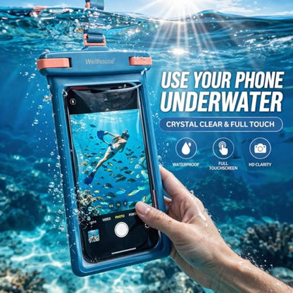 wellhouse 3D Waterproof Phone Pouch with Lanyard,Premium TPU100FT Deep Waterproof Phone Case for iPhone 17 16 15 14 13 12 Pro Max XS Samsung,Snorkeling, Surfing, Kayaking,Skiing,Hot Springs - color: 1 Pack - Blue7.0"