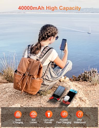 Solar Power Bank 40000mAh PD20W Fast Charging Portable Solar Charger - color: Red
