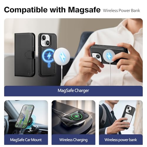 Magnetic 2 in 1 Detachable Compatible with Magsafe iPhone 13 Genuine Wallet Case with Card Holder,Women Men Real Leather Flip RFID Blocking Credit Card Slots Stand Phone Cover,Black - color: Black, size: iPhone 13 - 6.1"