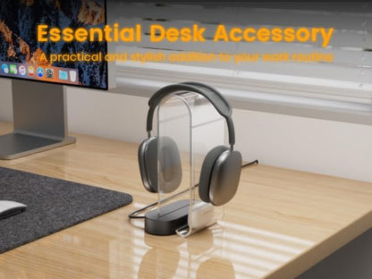 Acrylic RGB Headphone Stand w/USB Ports - Eurpmask Gaming Headset Holder| 10 Light Effect| 1 USB-C & 2 USB-A Ports| PC Gaming Accessories with RBG Light for Gamers| Clear Headset Stand for Desk-Clear