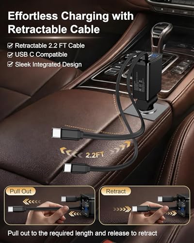 Retractable Car Phone Charger for Samsung S26 Android Fast USB C iPhone 18 - color: Black