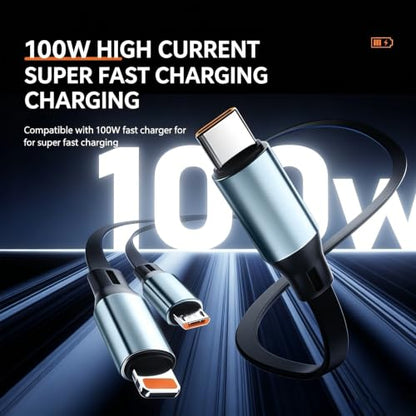 PLENTY MORE 100W 3-in-1 Retractable Charging Cable, Multi USB-C/Lightning/Micro Cord for Phones
