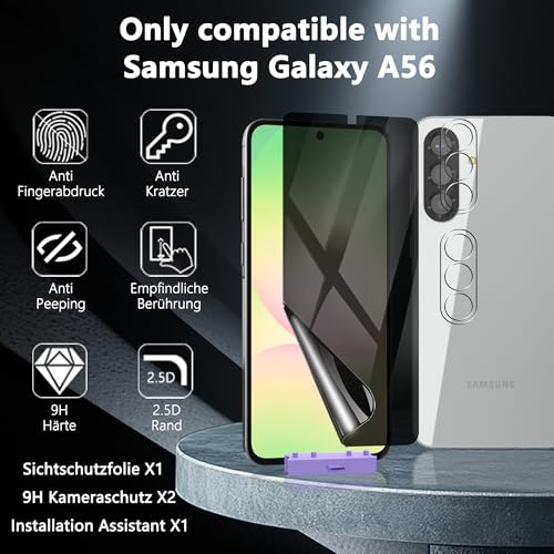 Privacy Screen Protector for Samsung Galaxy A56, 1+2 Pack TPU Anti-Spy Film with Installation Frame, 2 Camera Lens Protector, Fingerprint Compatible, Case Friendly