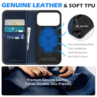 SHIELDON Genuine Leather Case Wallet for iPhone 17 Pro Max, Retro Dark Blue | Folio Design, Magnetic Closure, RFID Blocking, Credit Card Holder, Kickstand, Shock Absorbing Protective Cover - color: Retro Dark Blue