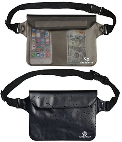 Freegrace Waterproof Pouches with Waist Strap / Pouch Case Bundle Set- Keep Your Phone & Valuables Dry and Safe - Waterproof Dry Bags for Boating Swimming Snorkeling Kayaking Beach Water Parks Pool - color: Black and Gray
