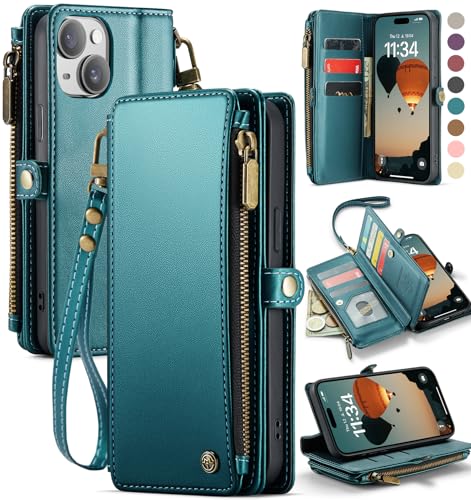 Defencase for iPhone 14 Plus Wallet Case with RFID Card Holder, Blue Green | Durable Soft PU Leather, with Zipper Pocket, Wrist Strap, Fashion Snap Flip Phone Cases Cover with Stand for Women and Men - color: Blue Green