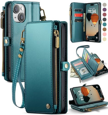 Defencase for iPhone 14 Plus Wallet Case with RFID Card Holder, Blue Green | Durable Soft PU Leather, with Zipper Pocket, Wrist Strap, Fashion Snap Flip Phone Cases Cover with Stand for Women and Men - color: Blue Green