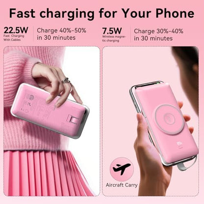 Magnetic 10000mAh Portable Charger for iWatch & iPhone, PD Fast Charging Wireless Power Bank Built-in Cables and Wall Plug, External Travel Battery Pack Compatible with iOS Android Phones - color: Sakura Pink