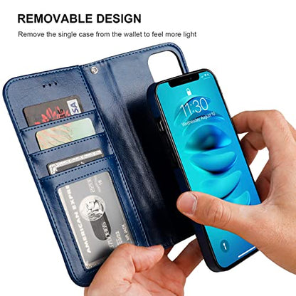 Bocasal Detachable Wallet Case Card Holder for iPhone 14, Blue | RFID Blocking Kickstand Card Slots Holder PU Leather Magnetic Shockproof Wrist Strap Removable Flip Protective Cover 6.1 inch - color: Blue