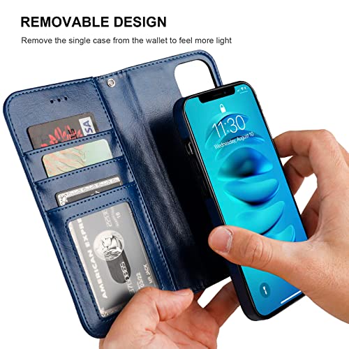Bocasal Detachable Wallet Case Card Holder for iPhone 14 Plus, Blue | RFID Blocking Kickstand Card Slots Holder PU Leather Magnetic Shockproof Wrist Strap Removable Flip Protective Cover 6.7 inch - color: Blue