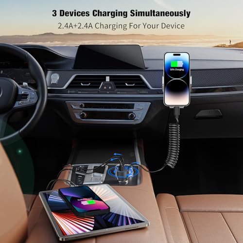 Dual USB Ports Car Charger Adapter with 5FT Coiled Lightning Cable