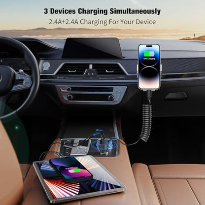 Dual USB Ports Car Charger Adapter with 5FT Coiled Lightning Cable