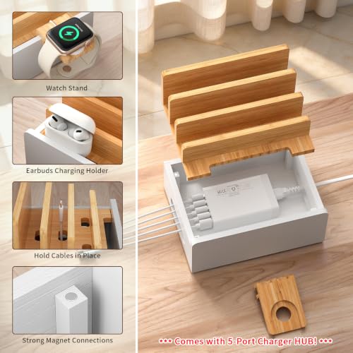 Pezin & Hulin Bamboo Charging Station with USB Charger&Cables-Natural+White - color: Natural + White(With Charger)