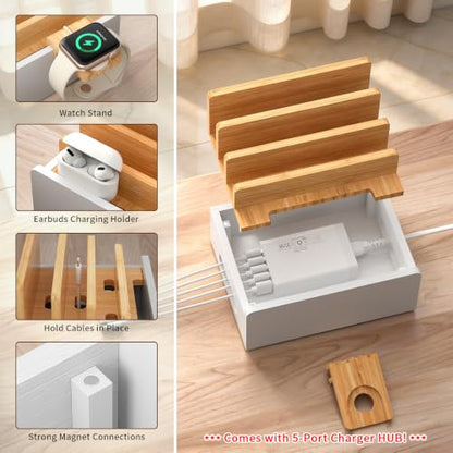 Pezin & Hulin Bamboo Charging Station with USB Charger&Cables-Natural+White - color: Natural + White(With Charger)