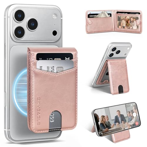 RFID Blocking MagSafe Wallet Stand with Card Holder,5 Card Slots & ID Window,PU Leather Magnetic Phone Adjustable Kickstand for iPhone 12/13/14/15/16/17 Pro Max & Air Plus Series,Rose Gold - color: Rose Gold, style: Stand Wallet