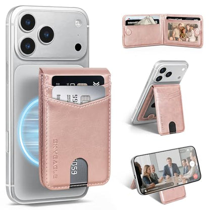 RFID Blocking MagSafe Wallet Stand with Card Holder,5 Card Slots & ID Window,PU Leather Magnetic Phone Adjustable Kickstand for iPhone 12/13/14/15/16/17 Pro Max & Air Plus Series,Rose Gold - color: Rose Gold, style: Stand Wallet