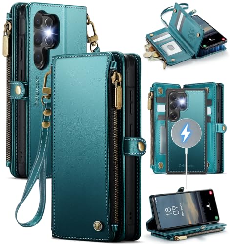Defencase for Galaxy S25 Ultra Case Wallet Compatible with Magsafe, Green | Magnetic Detachable, RFID Bolcking Card Holder, Zipper Strap, PU Leather Drop-Proof Phone Cover for Samsung Galaxy S25 Ultra - color: (Detachable with Magsafe)-Blue Green