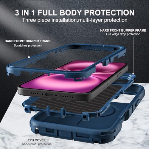 YKHJKLEC for iPhone 16 Plus Case, Military Grade 3 in 1 Heavy Duty Shockproof/Drop Proof/Dust Proof with Kickstand Case, with 2 x Tempered Glass Screen Protector & 1 x Wrist Strap (ZJ-Navy Blue) - color: ZJ-Navy Blue
