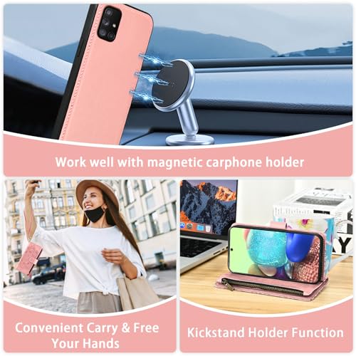 Asuwish Phone Case for Samsung Galaxy A71 5G Zipper Wallet Magnetic Detachable Cell Cover with Tempered Glass Screen Protector Crossbody Strap Flower Card Holder A 71 G5 71A S71 Women Girls Rose Gold - color: Rose Gold