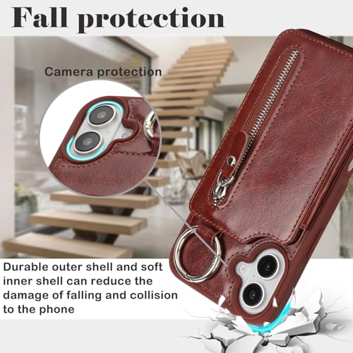Ｈａｖａｙａ for iPhone 16 case Wallet with Card Holder for Women Men Shockproof Phone case with Keychain Ring Stand Leather Zipper Credit Card Slots-Deep Brown - color: Deep Brown-Ring