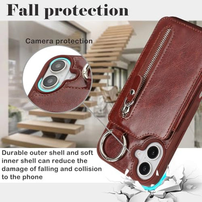 Ｈａｖａｙａ for iPhone 16 case Wallet with Card Holder for Women Men Shockproof Phone case with Keychain Ring Stand Leather Zipper Credit Card Slots-Deep Brown - color: Deep Brown-Ring
