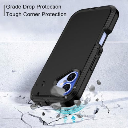 for iPhone 16 Case Heavy Duty Protective Shockproof Dropproof 3-Layer Full Body Protection [Without Screen Protector] Tough Rugged Cover for Apple iPhone 16 6.1 inch 2024,Black - color: Black