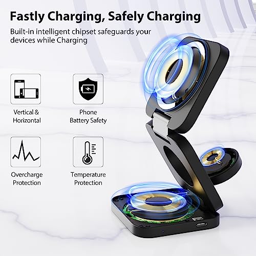 KU XIU X55 Foldable 3 in 1 Charging Station for Apple Devices, 15W Fast Magnetic Wireless Charger, Magent Travel Charger Stand for iPhone 16 15 14 13 12 Series, 5W for Apple Watch, AirPods-Black - color: Black